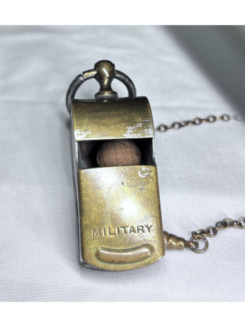 Vintage Brass Military Pea Whistle Original Chain Made USA Scout Signal